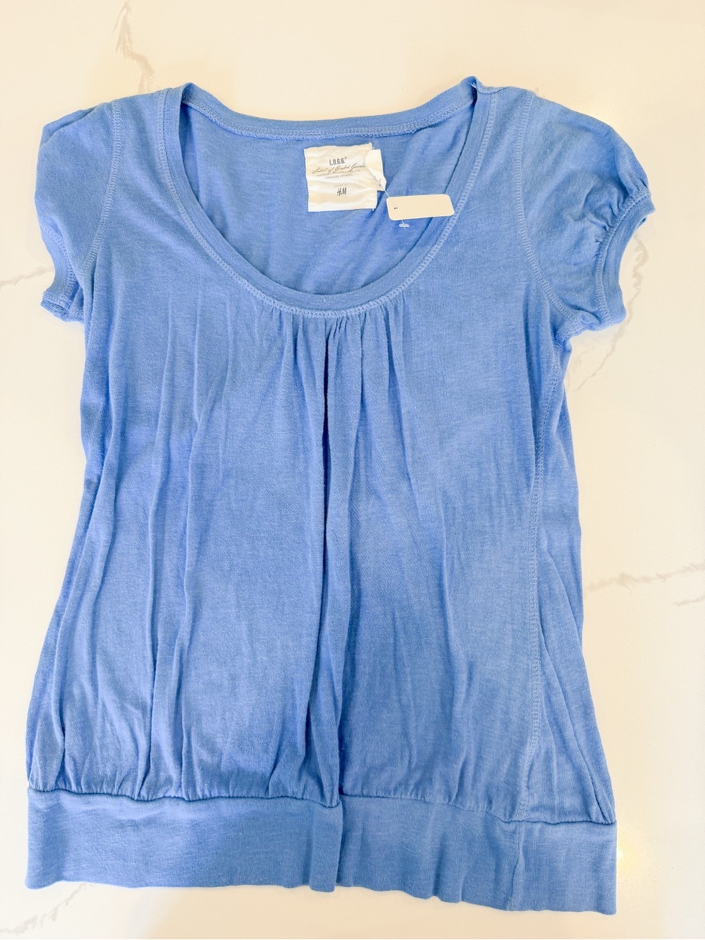 H&M Blue Short Sleeve Scoop Neck Top with Front Pleats